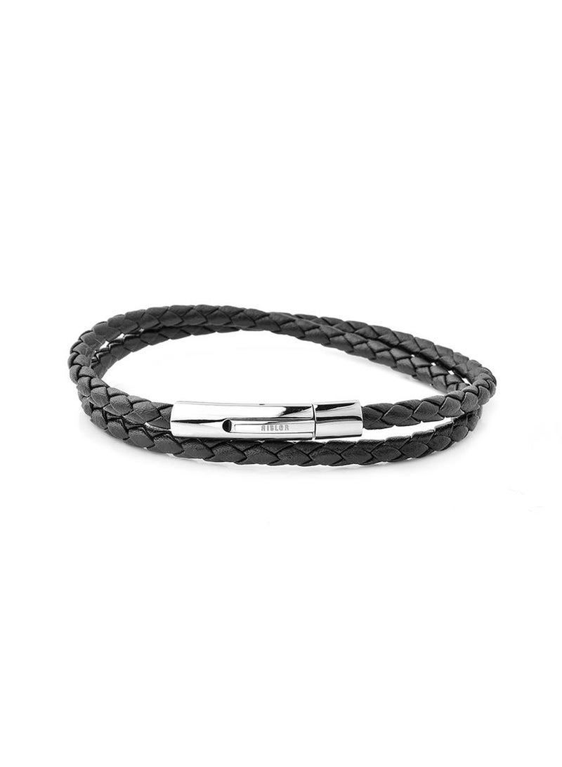 Riblor Fabio Double Wrap Leather Bracelet Black And Silver - Image 1